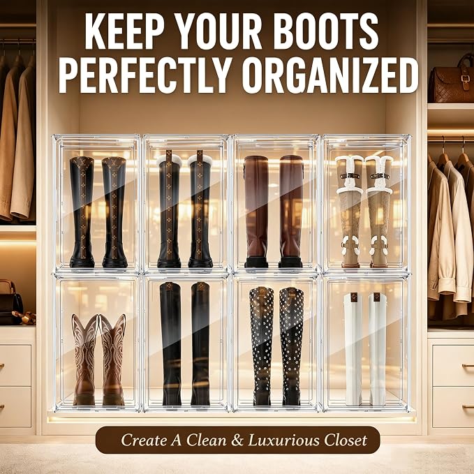 Boot Organizer for Extra Tall Boots, 23.6'' Stackable Acrylic Display Case | Clear magnetic door.Keep tall boots upright.Ideal for knee-high and riding boots,fashion boots,huge figures,tall collectible