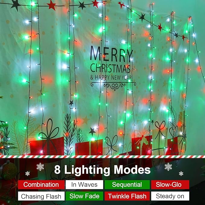 QITONG 165ft 500 LED Red White and Green String Lights, 8 Modes Twinkle String Lights Outdoor Waterproof, Green Wire Christmas Tree Lights Plug in Indoor