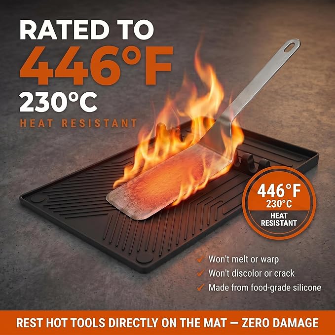 Magnetic Silicone Side Shelf Mat for Blackstone Griddle - 4 Corner Magnets, Extra Thick, Linear Drip Channels, 446°F Heat Resistant, 16"x11.5", Fits Weber Traeger Pit Boss, BBQ Gift for Men