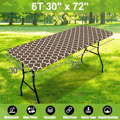 Smiry Picnic Fitted Table Cover, 6 Foot Flannel Backed Vinyl Tablecloth | Waterproof Elastic Stretch Table Cloth, Wipeable Plastic Tablecloth for Camping, Indoor & Outdoor (Brown, 30" x 72")