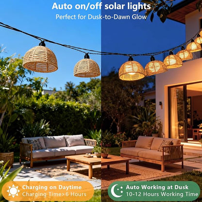 Solar Rattan String Lights Outdoor, 16FT 16 LED Half-Globe Hemisphere Wicker Lanterns, IP65 Waterproof Solar Powered Patio Lights, Boho Decorative Hanging Lighting for Garden Porch Wedding
