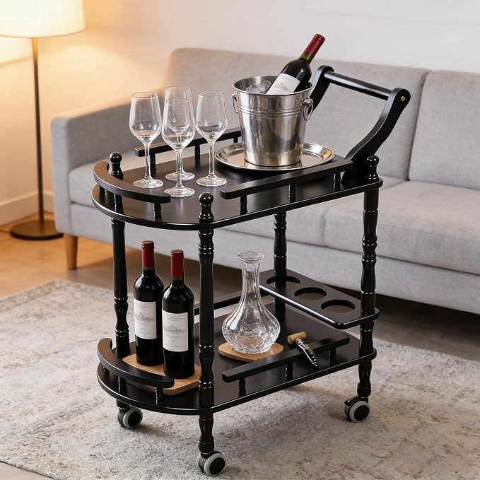 Entertainment Kitchen Cart, Midcentury Modern Imported rubberwood Black Finished Wood 2-Tier Mobile Bar Cart Serving Cart