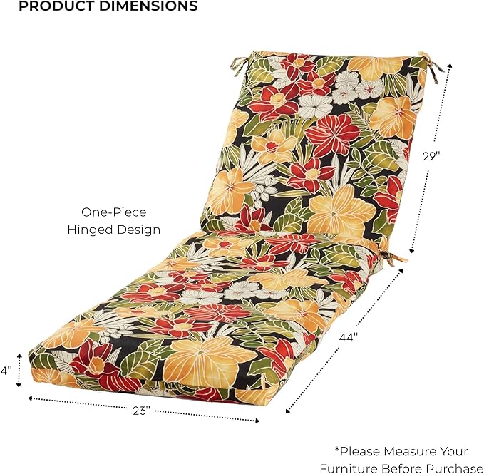 Modern Outdoor Chaise Lounge Cushion with Ties – Durable Polyester Fabric, Channel-Filled Polyfiber Insert, Removable Zippered Cover, Aloha Black Floral