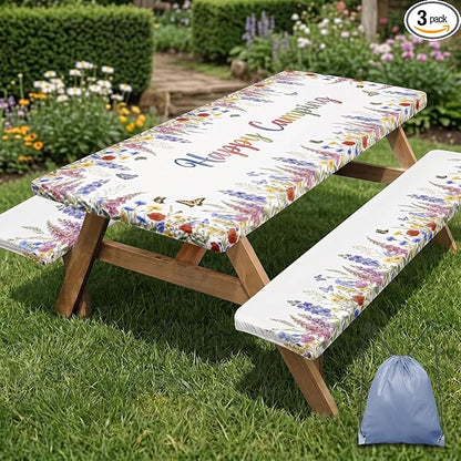 Picnic Table Cover with Bench Covers, Butterfly Camper, 72 Inch | 3PCS Waterproof Fitted Tablecloth with Elastic Edges Outdoor Camping Essentials Drawstring Bag