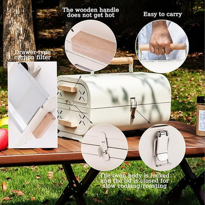 Portable Charcoal Grills With Lid, Small Folding Tabletop Grill, 14.95*10.04 Inch Compact Barbecue, Both-side Grate for Outdoor Cooking Camping, Picnics, Backyard, Balcony (Double-sided grill white)