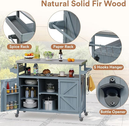 Zevemomo Outdoor Grill Cart with Storage, Lockable Casters, Gray-Blue | Stainless Steel Tabletop Outdoor Kitchen Island, Fir Wood Outdoor Buffet Cabinet for Kitchen & Barbecue