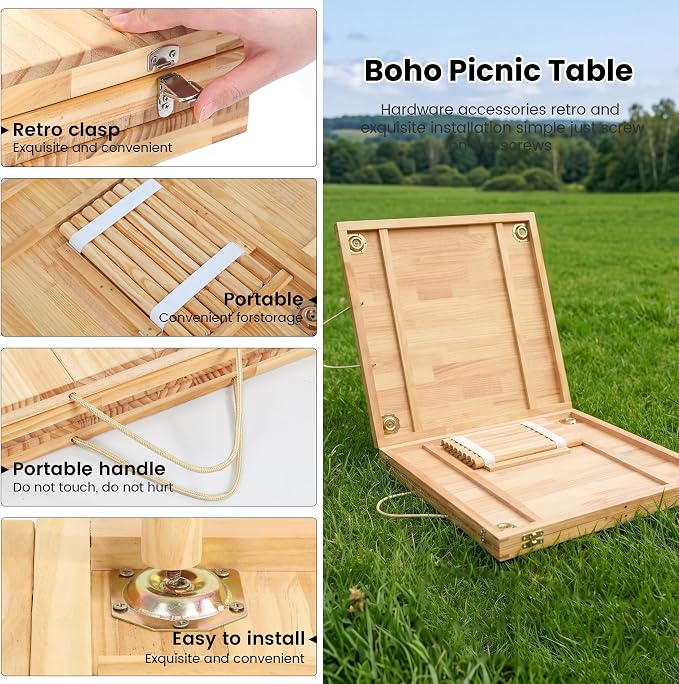 90" x 30" Boho Low Picnic Table, Foldable Solid Wood Construction | Beach Table with Tablecloth & Adjustable Legs, Indoor & Outdoor Use for Beach, Camping, BBQ, Wedding & Warm Family Gatherings