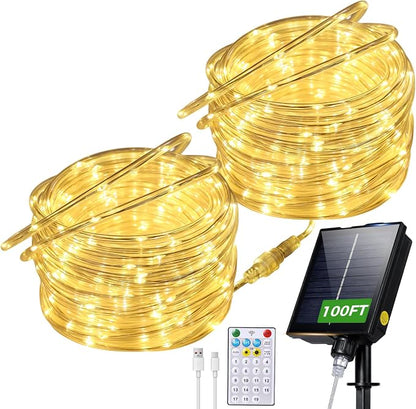 Connectable 100FT 600LED Solar Rope Lights Outdoor Waterproof | 1.97'' LED Spacing More Brighter, USB & Solar Powered Fairy Lights for Outside Yard Tree Pool Christmas Decor, Warm White