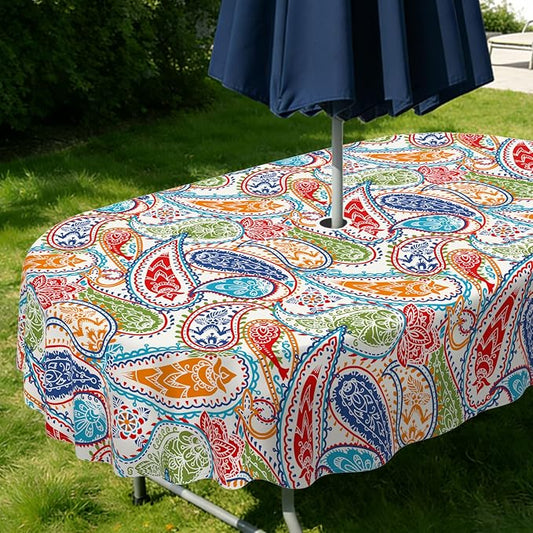 Outdoor Tablecloth with Umbrella Hole Elegant Zipper Patio Table Cloth for Outdoor Patio Garden Yard Decor