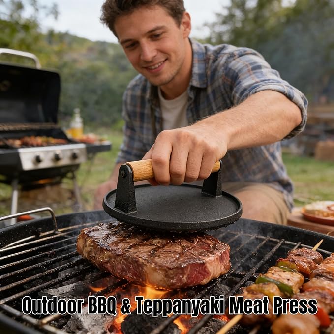 Cast Iron Smashed Burger Press,6.7" Round Grill Press with Wooden Handle,Heavy-Duty Flat Edge Burger Tool for Crispy Smash Burgers,BBQ & Griddle Accessories (Round)