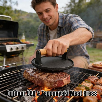 Cast Iron Smashed Burger Press,6.7" Round Grill Press with Wooden Handle,Heavy-Duty Flat Edge Burger Tool for Crispy Smash Burgers,BBQ & Griddle Accessories (Round)