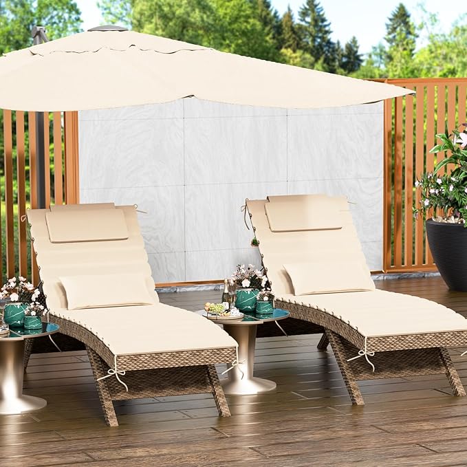 2 Sets of Outdoor Water-Resistant Olefin Chaise Lounge Cushions with Headrest and Pillow, Weather and Fade Resistant Foldable Quilted Lounge Chair Pads with Straps, Beige, 73" L x 22" W