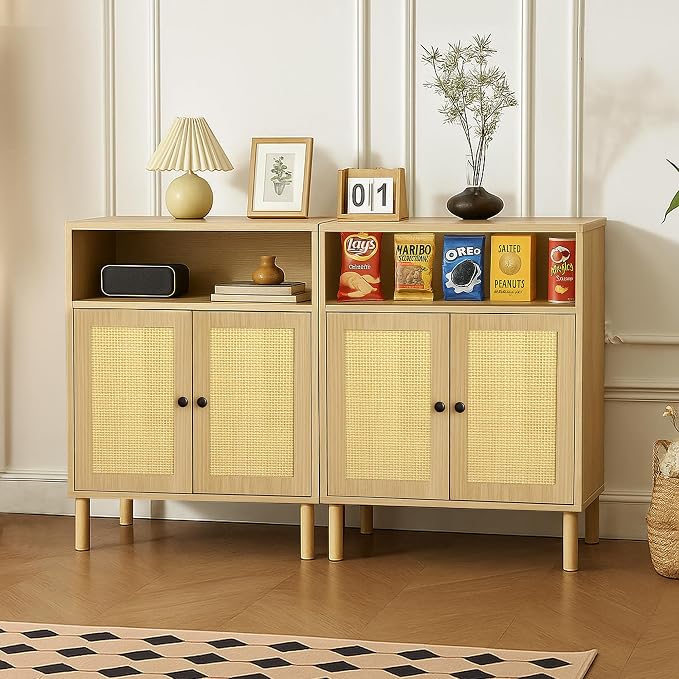 Boho Accent Cabinet with Rattan Doors, Small Sideboard Buffet, Oak | Small Sideboard Buffet Cabinet for Entryway, Living Room, Kitchen Coffee Bar