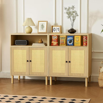 Boho Accent Cabinet with Rattan Doors, Small Sideboard Buffet, Oak | Small Sideboard Buffet Cabinet for Entryway, Living Room, Kitchen Coffee Bar