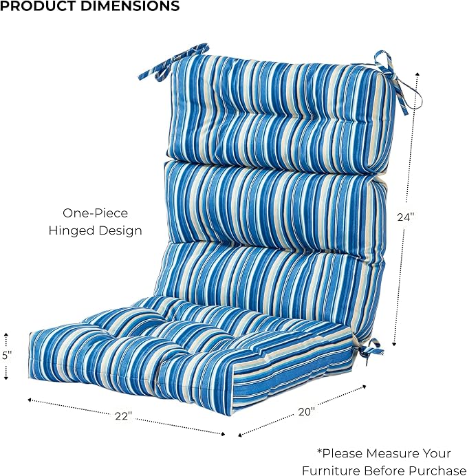Outdoor Tufted High-Back Chair Cushions, One-Piece Hinged Seat and Back Design, Reversible with 4 Ties, Durable Polyester Fabric, Recycled Fiber Fill - Set of 2, Sapphire Stripe