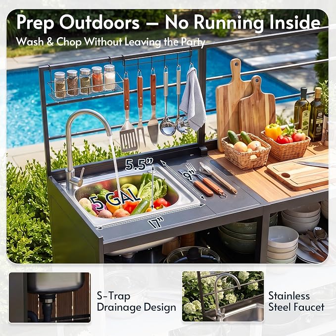 Modular Outdoor Kitchen Island with Sink, 4Pcs Aluminum Outdoor Kitchen Kit | Aluminum Frame, Weatherproof, Modular Grill Cart & Ice box, Large Countertop & Wall Hanging Design, For Patio BBQ, Party