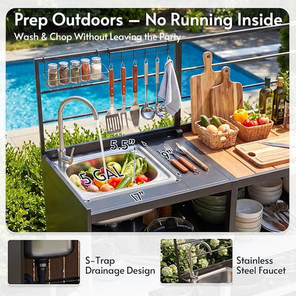 Modular Outdoor Kitchen Island with Sink, 4Pcs Aluminum Outdoor Kitchen Kit | Aluminum Frame, Weatherproof, Modular Grill Cart & Ice box, Large Countertop & Wall Hanging Design, For Patio BBQ, Party