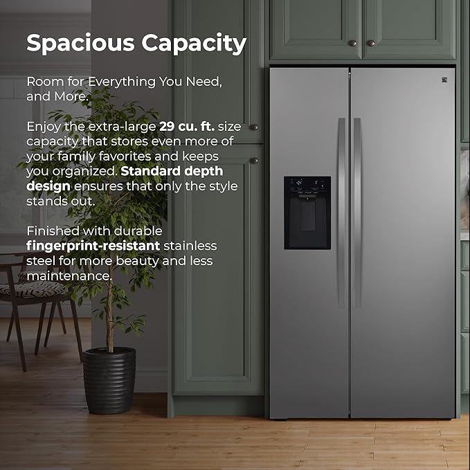 Kenmore 29 cu. ft. 36" Wide Side-by-Side Refrigerator - FPR Stainless Steel | Space Saving Ice & Water Dispenser, Accela Chill, Accela Freeze, Adjustable Glass Shelving, Fingerprint Resistant SS