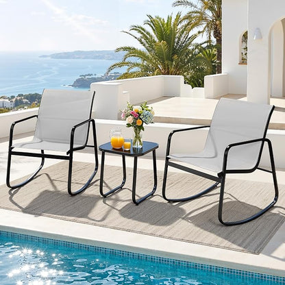 DWVO 3 Piece Rocking Patio Furniture Set Textilene Patio Set Outdoors Grey | Heavy-duty Small Patio Furniture Set w/Breathable Fabric, Smooth Rocking, Tempered Glass Table, Easy Assembly and Cleaning
