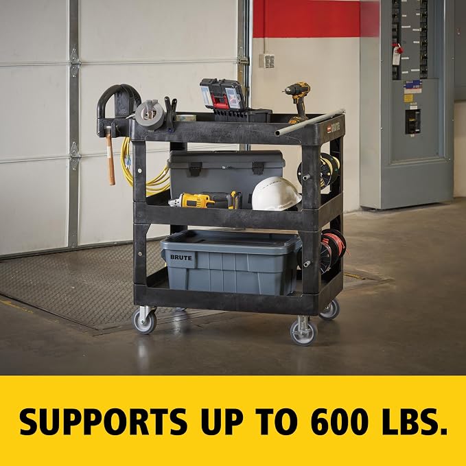 Rubbermaid Commercial Brute 3-Shelf Heavy-Duty Utility/Service Cart, Medium, High Storage, Lipped Shelves, Ergonomic Handle, 600 lb. Capacity, Ideal for Warehouse/Garage/Cleaning/Maintenance/Office