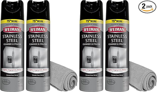 Weiman Stainless Steel Cleaner & Polish Streak-Free Shine - For Refrigerators, Oven, Dishwasher, Stove - 4 Pack Aerosol Spray with Microfiber Cloth Included