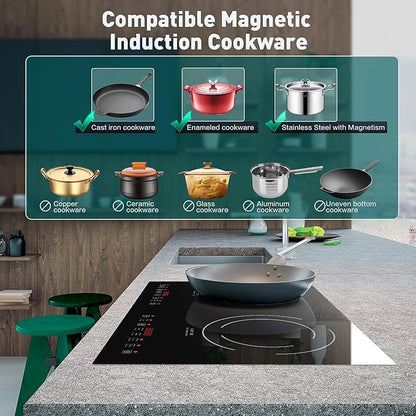 Induction Cooktop with 2 Burners, Horizontal Electric Stove, Built-In Induction Cooker, 1800W Sensor Touch Electric Cooktop, 9 Power Levels, Timer, Safety Lock, 120V, 20 Inch