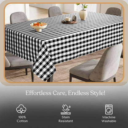 Gingham Check Tablecloth, 100% Cotton, 52x70 Inch, Black and White, Durable Table Cover for Rustic Kitchen Decor, Picnics, BBQ, Dining Room, Indoor and Outdoor Use, Black White