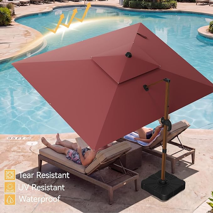 10x13 FT Wood Pattern Patio Umbrella with Base, Large Deluxe Cantilever Rectangular Double Top Heavy Duty Offset Umbrellas with 360° Rotation, Outdoor shade for Garden Pool Patio, Red