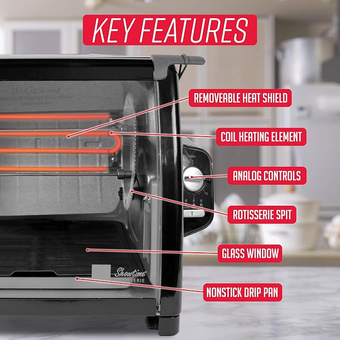 Ronco Showtime Large Capacity Rotisserie & BBQ Oven, Simple Switch Controls, Silicone Door Tie, Perfect Preset Rotation Speed, Self-Basting, Auto Shutoff, Includes Multipurpose Basket, black | Rotisserie chicken cooks perfectly, 3 functions - rotisseri...