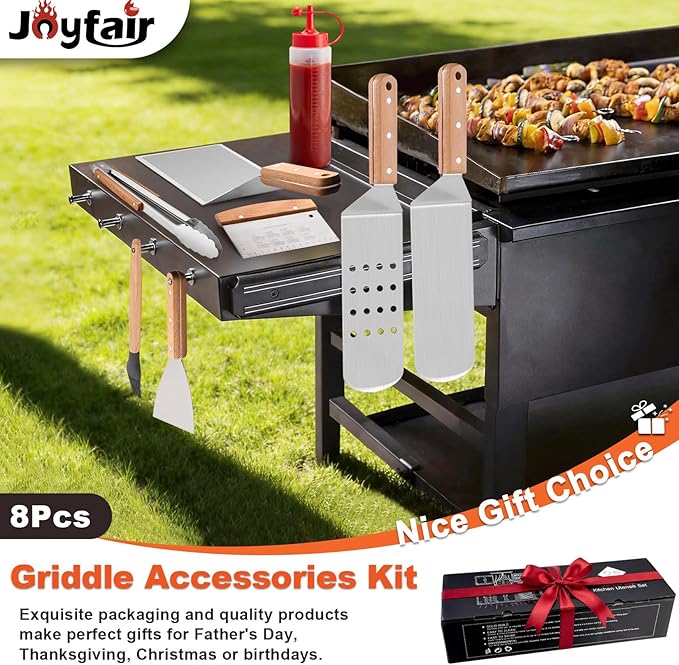 8Pcs Griddle Accessories Kit for Blackstone, Joyfair Flattop Grilling Accessory Tool Set with Stainless Steel burger Spatula Turner, Metal Flipper, For Outdoor BBQ Teppanyaki Hibachi, (Wooden Handles)