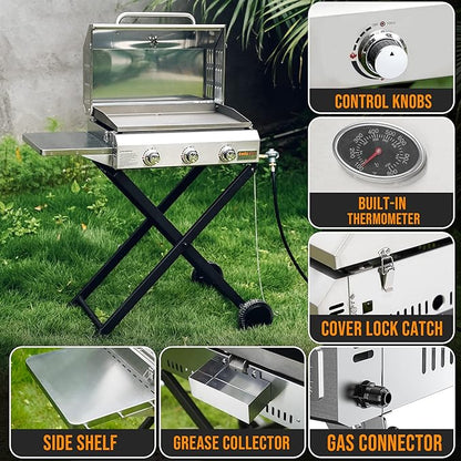ONLYFIRE GRILLS Portable Propane Gas Griddle 3-Burner with Foldable Cart & Side Table, Flat Top Gas Grill Griddle Stove with Lid, for Outdoor Cooking Patio Backyard Camping RV Tailgating Beach, GS310