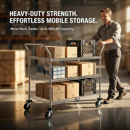 Finnhomy 3-Tier Commercial Grade Rolling Cart, Heavy Duty Utility Cart with Wheels and Handles, Metal Kitchen Carts on Wheels with 600 lbs Capacity, Shelf Size 24" D x 40" W, NSF
