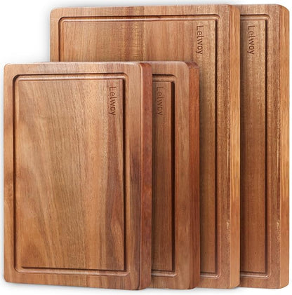 Wood Cutting Boards for Kitchen, Large Cutting Board Set of 4, Wooden Cutting Boards with Juice Grooves, Chopping Board for Meat, Veggies, Easy Grip Handle (double 17x12, 12x9, 12x8 inch)