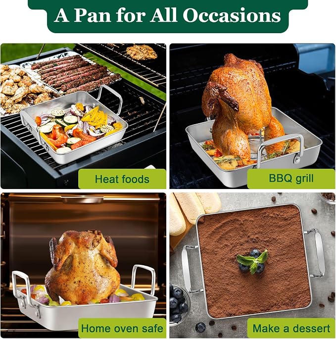Leonyo Beer Can Kitchen Holder with 9IN Roasting Pans for Grill, 2 Pack | Heavy Duty Stainless Steel Vertical Beer Can Kitchen Stand for Smoker with Sqaure Roaster Pan, Dishwasher Safe