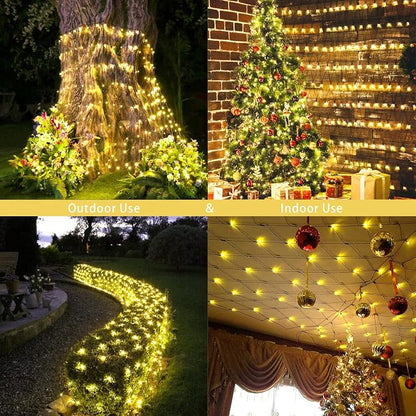 JMEXSUSS 360 LED Christmas Net Lights, Warm White, 12ft x 5ft | Outdoor Waterproof, Connectable, Plug in, Mesh Lights with Remote for Bushes Shrubs Christmas Decorations
