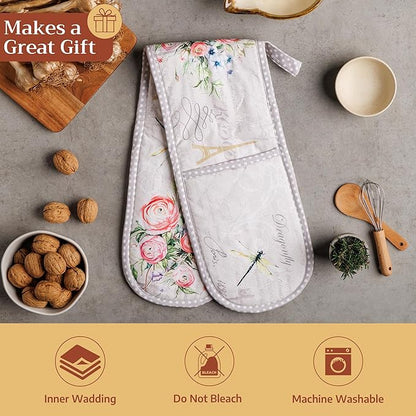 Maison d' Hermine Double Oven Mitts 100% Cotton 7"x35" Double Oven Mitt Heat Resistant BBQ Cooking Gloves with Loop Baking Grilling Kitchen Hotel Home Farmhouse Spring Summer (Champ De Mars)