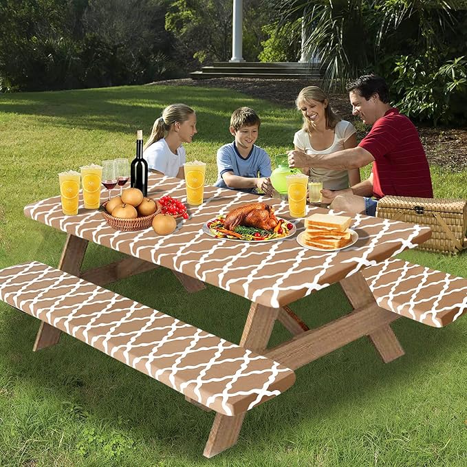 OutdoorLines Vinyl Fitted Picnic Table Cover with Bench Covers | Elastic Waterproof Camping Tablecloth for Picnic Table (Moroccon Camel 72x30 Inch, 3 Pcs)