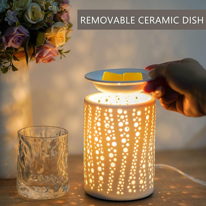 PALANCHY Electric Wax Melt Warmer with Timer 2/4/8 Hour, Ceramic Wax Warmer | Oil Burner With Soft Glow Starry Night Light, 2 Bulb 25W Included. Wax Melter For Scented Wax Electric For Nightstand & Shelf