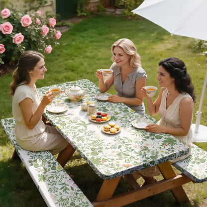 Picnic Table Cover with Bench Covers Windproof Waterproof Picnic Table Covers Camping Tablecloth with Self-Storage Bag, 72in, Botanical Green
