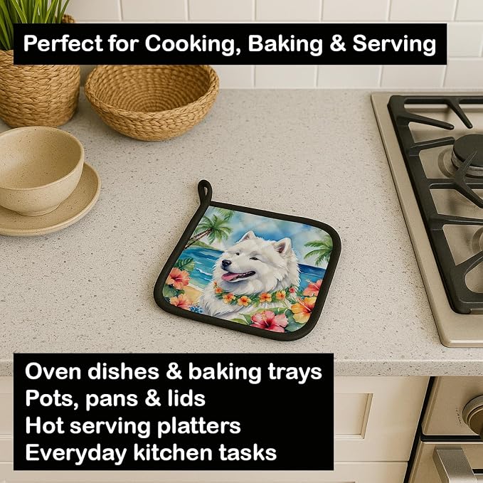 Caroline's Treasures Samoyed Luau Pair of Pot Holders Kitchen Heat Resistant Pot Holders Sets Oven Hot Pads for Cooking Baking BBQ, 7 1/2 x 7 1/2