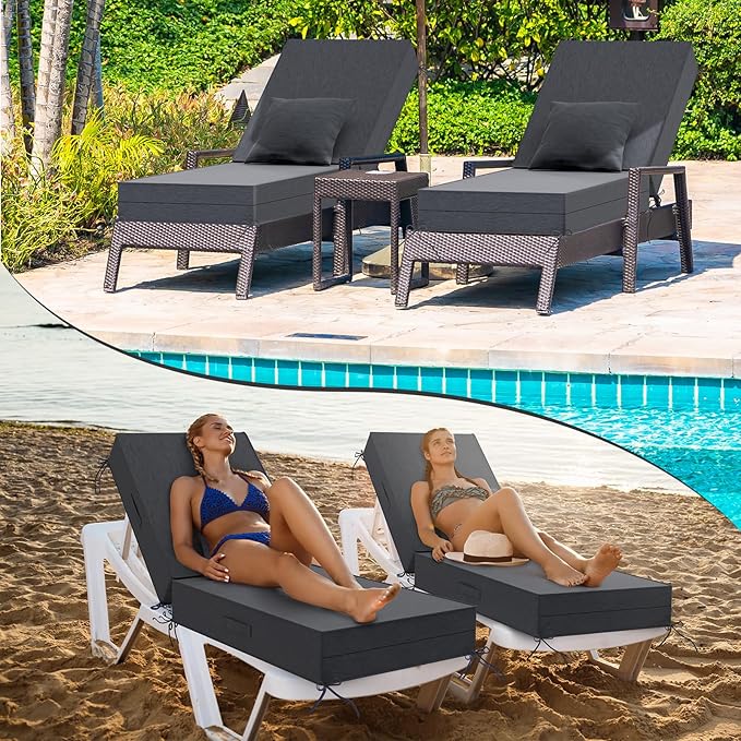 Outdoor Water-Resistant Olefin Chaise Lounge Cushions with Pillow, Weather and Fade Resistant Patio Furniture Lounge Chair Cushion Ideal for Patio, Lawn, Garden, Dark Gray, 72"L x 21"W x 5"T