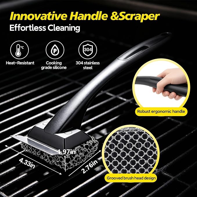 Bristle-Free Grill Brush & Scraper,Durable, Efficient and Extra Safe BBQ Cleaning Brush for Cast Iron and Stainless Steel Outdoor Grills(Coarse Mesh)