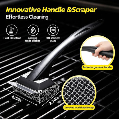 Bristle-Free Grill Brush & Scraper,Durable, Efficient and Extra Safe BBQ Cleaning Brush for Cast Iron and Stainless Steel Outdoor Grills(Coarse Mesh)