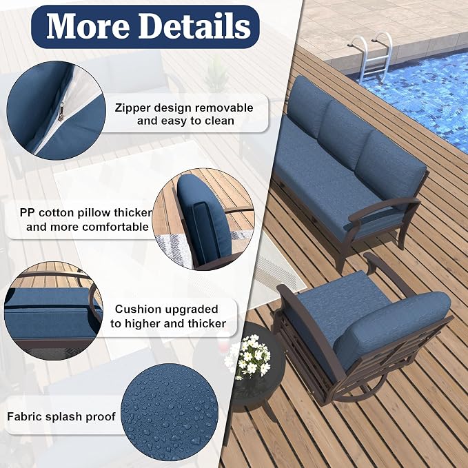 ALAULM Aluminum 3-Seat Patio Furniture Set, Metal Outdoor Furniture Sectional Sofas w/5.1" Cushions for Patio, Backyard, Poolside-DarkBlue