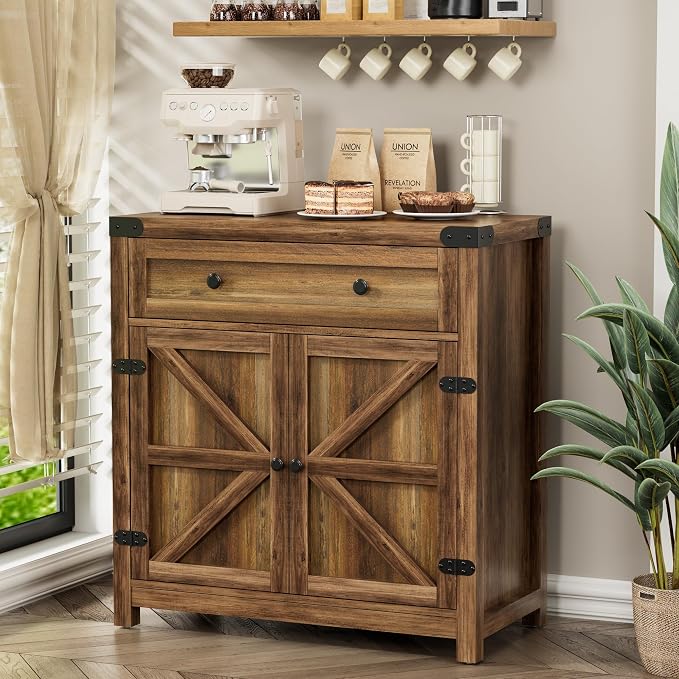 YESHOMY Kitchen Storage Cabinet, Coffee Bar Cabinet, Farmhouse Sideboard Buffet with Storage, Barn Door Accent Cabinet with a Drawer and Adjustable Shelf for Dining Room, Entryway, Rustic Brown, 1PCS