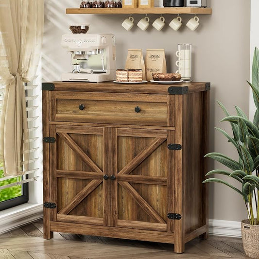 YESHOMY Kitchen Storage Cabinet, Coffee Bar Cabinet, Farmhouse Sideboard Buffet with Storage, Barn Door Accent Cabinet with a Drawer and Adjustable Shelf for Dining Room, Entryway, Rustic Brown, 1PCS