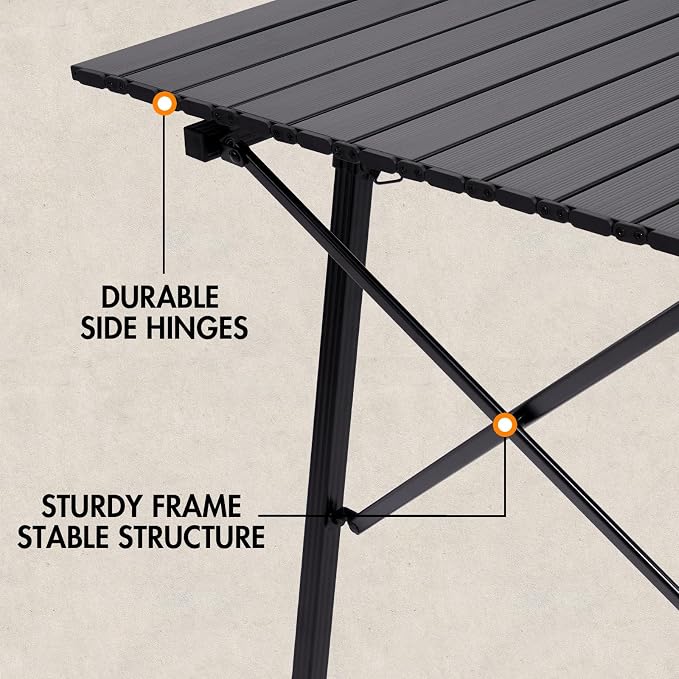 Portal Camping Table Portable Foldable with Adjustable Legs, Aluminum Folding Table Roll Up Table with Carrying Bag for Outdoor, Beach, Picnic, Backyards, BBQ and Party, Black, Big