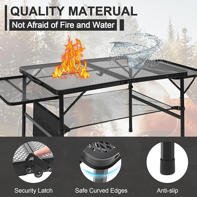 Folding Matel Grill 4.4 FT Camping Table with 2 Wing Panels | Height Adjustable Metal Outdoor Table with Mesh Desktop and Mesh Bag, Picnic, Beach and BBQ, Party