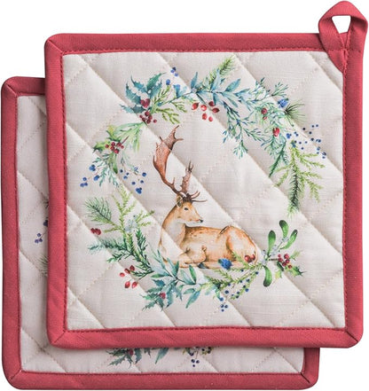 Maison d' Hermine Pot Holders 100% Cotton Potholders (8" x 8", Pack of 2) | Heat Resistant Hot Pads with Loop BBQ Cooking Baking Hotel Kitchen Handling Hot Pans Thanksgiving Christmas - Holly Time