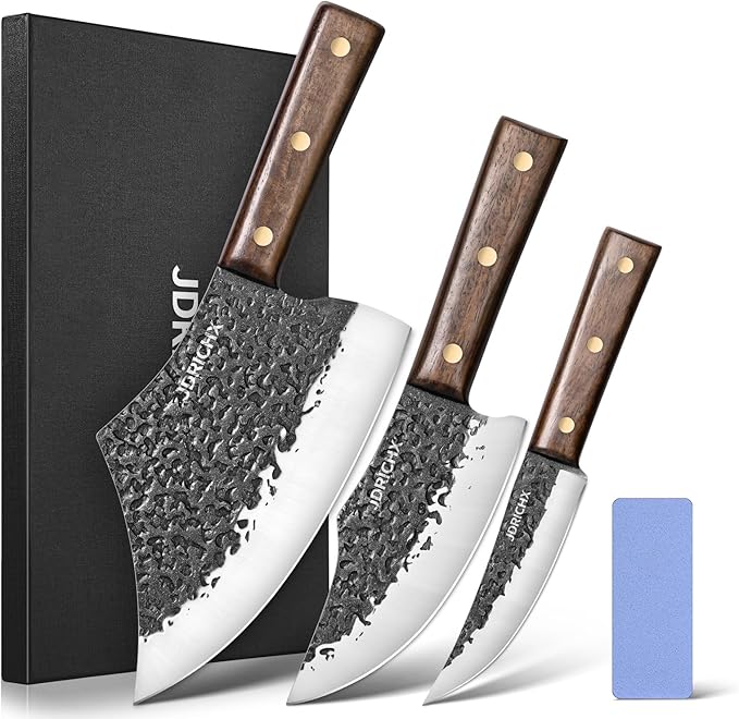 3PCS Butcher Knife Set, Hand Forged Meat Cleaver & Boning Knife Set with Full Tang Handle, High Carbon Steel BBQ Knife Set for Meat Cutting, Camping, Outdoor Cooking & Gifts for Men